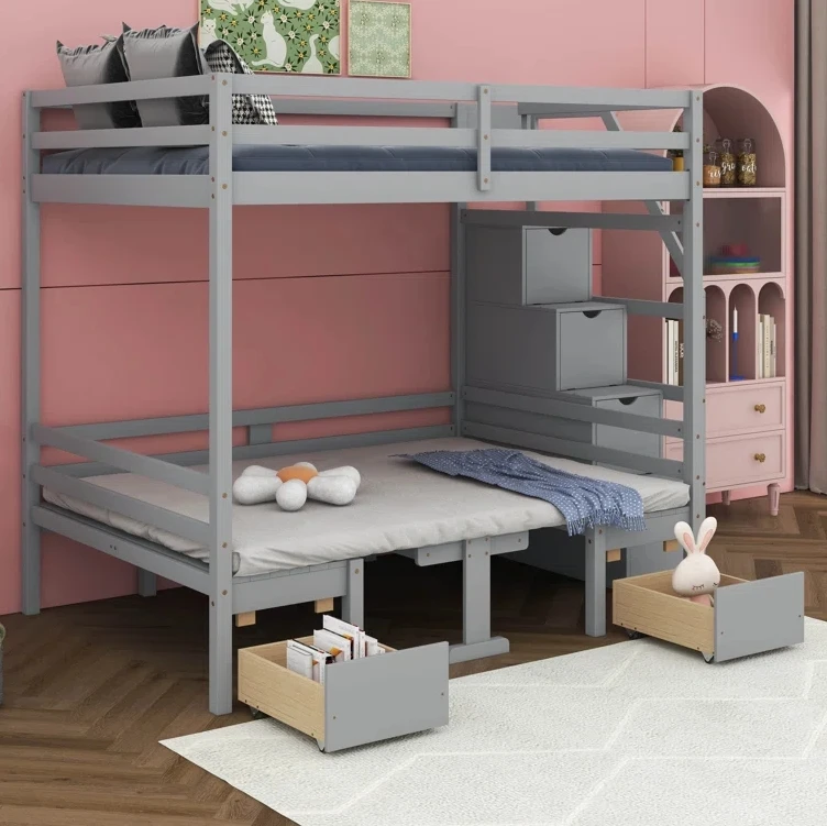 Modern Panel Wood Style 2-Drawer Full over Full Loft Bed with Built-In-Desk Wooden Beds