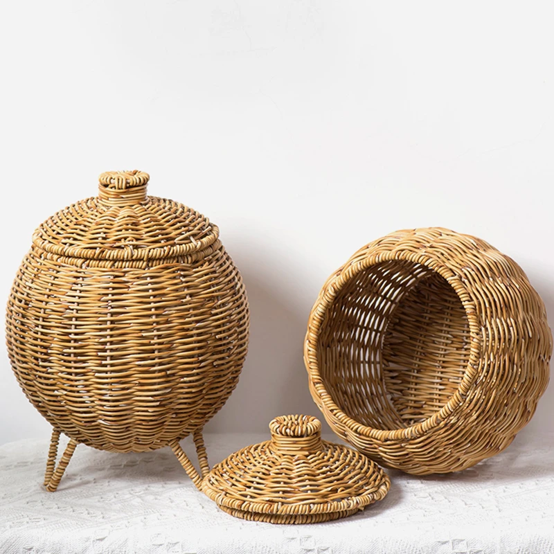 Плетеная вручную корзина для цветов из ротанга Овальная тыквы настольная мусора с крышкой хранения зеленых растений
