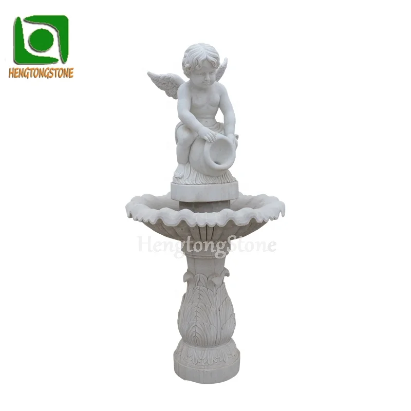Outdoor Hand Carved White Marble Cherub Statue Stone Water Fountain