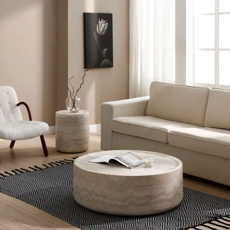HZX Luxury Modern Travertine Marble Coffee Table Contemporary Living Room Furniture Cut-to-Size Artificial Stone Unique Design