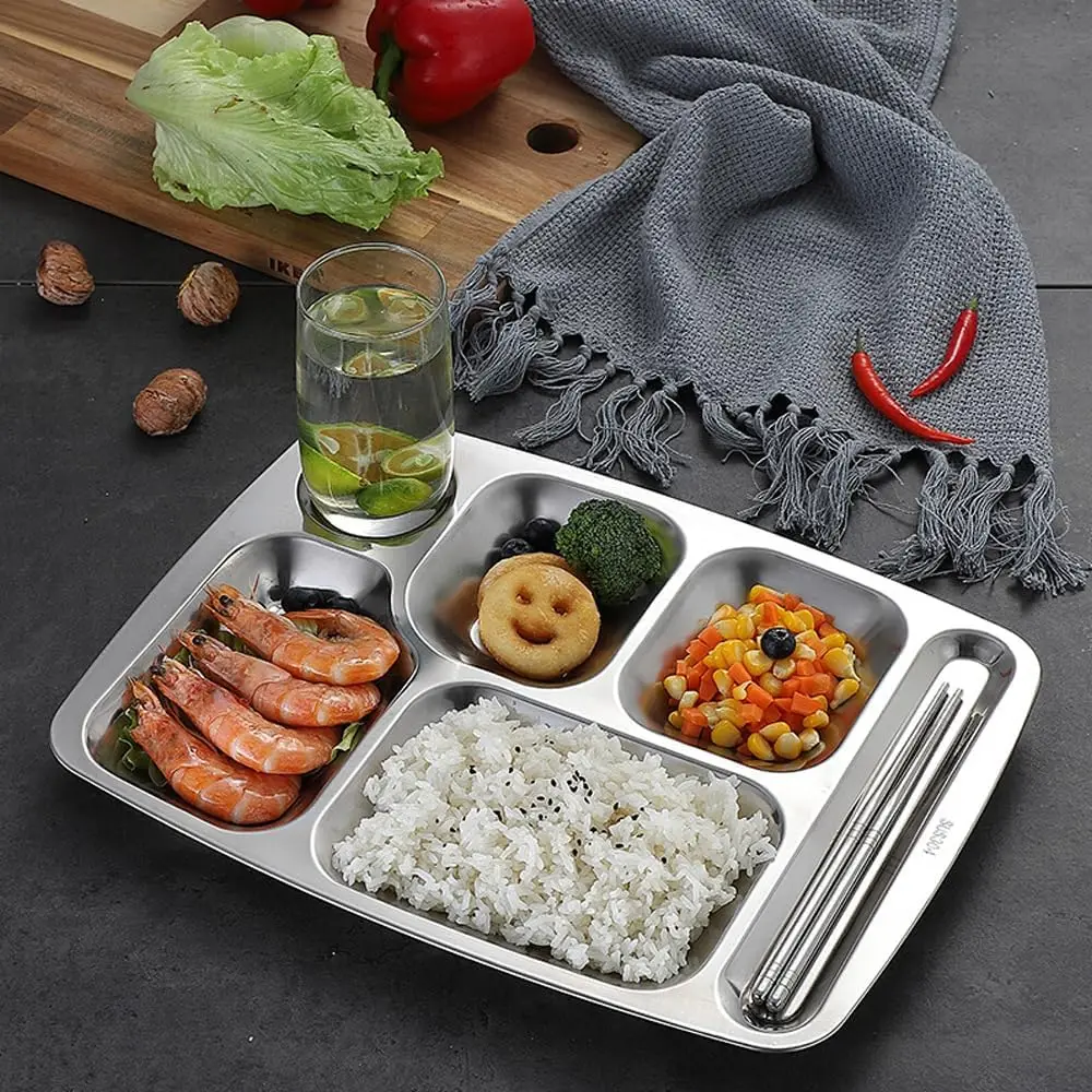 Portable stainless steel food tray metal 5 compartment divide dinner plate food serving tray for catering