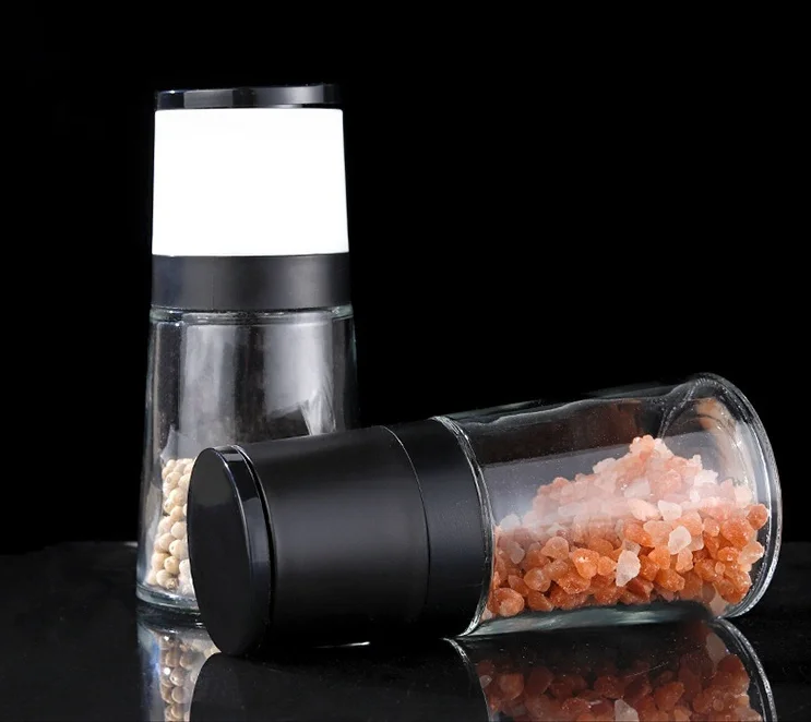 130ml Black White round pepper grinder glass spice jar with ceramic core grinder for kitchen seasoning