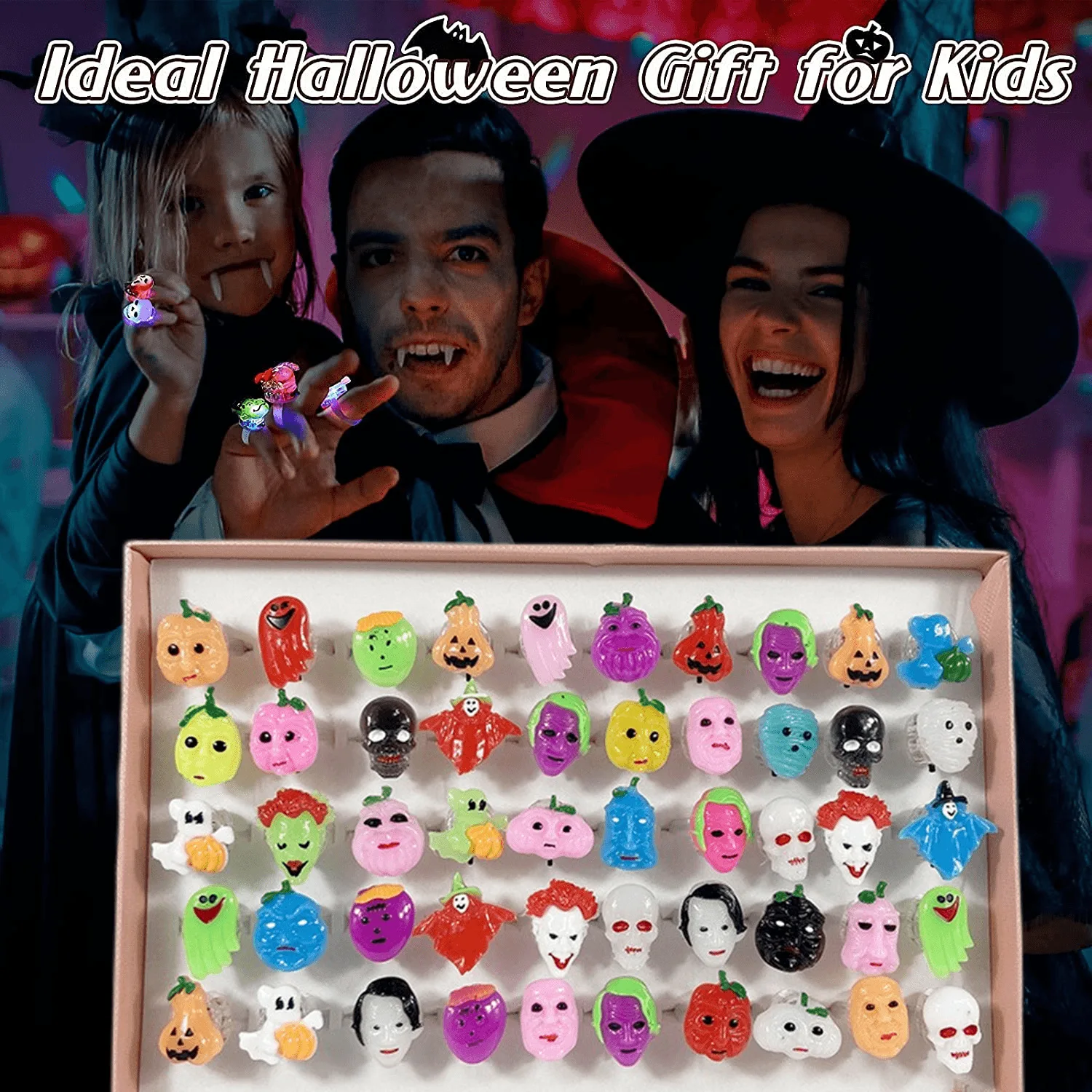 50pcs/Box Festival Halloween Lights Pumpkin Ghost Bat Grim Reaper Candy Open Adjustable Finger Ring Party Halloween Gifts