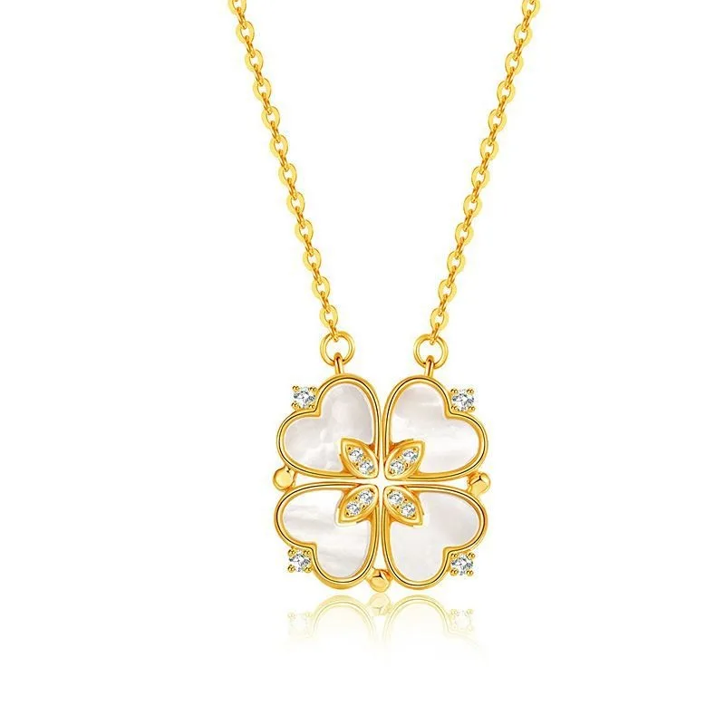 High Quality Stainless Steel Zircon Gold Plated Fashion Jewelry Four Leaf Clover Love Heart Necklace Women Party Gift