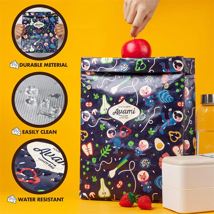 Reusable full color UV printing design tyvek custom lunch bag with gift sleeve for fruit food snack box with hidden buckle