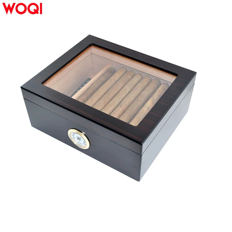 WOQI Handcrafted Glossy Cedar Wood Lined Large Capacity Cigar Box with Hygrometer Elegant Genre Humidors