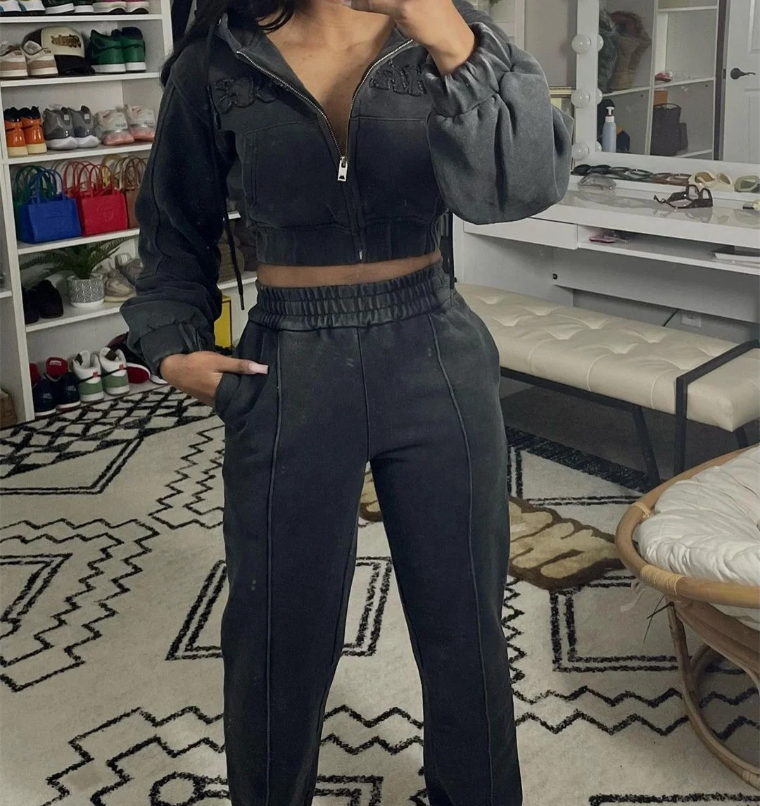 KY BROWN Distressed Acid Wash Cropped Hoodie Washed Boxy Hoodie and Joggers Tracksuits