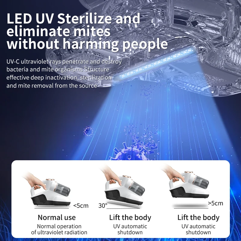 Upgrade Double Dust Cup Vacuum Cleaner Bed Vacuum with Made in China 8Kpa Suction UV-C Light Dual Widened Suction Port