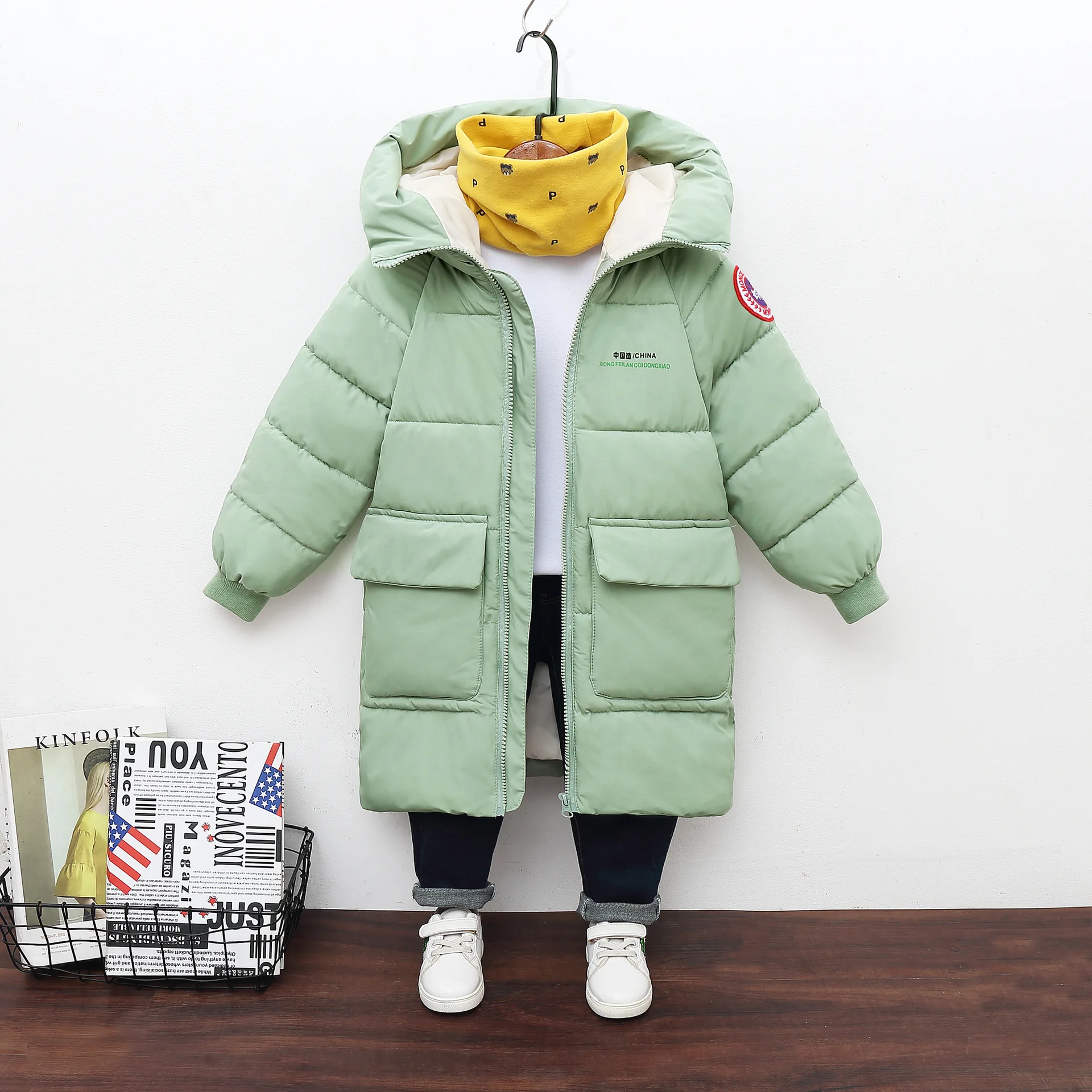 Green Horizon Winter Warm Thicken Color Long Sleeve Zipper Kids Solid Hoodie Jackets Coat Toddler Baby Boy Girl Hooded