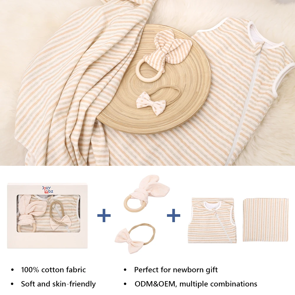 100% Organic Cotton Customized Design Stretch Wrap Swaddle Blanket Baby Gift Set with Matching Headband