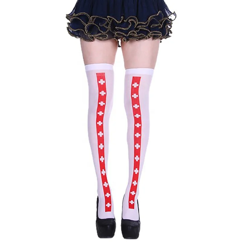 Halloween Stockings Cosplay Stockings Women Soft Knee Socks White Red Cross Bow Nurse Cosplay Socks