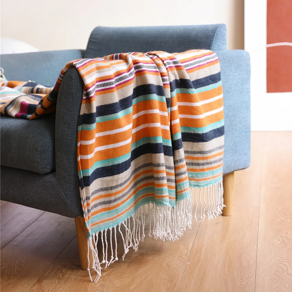Hot Sale Bohemia Colorful Blanket Rainbow Striped Line Throw Soft Office Cover Sherpa Design Blanket