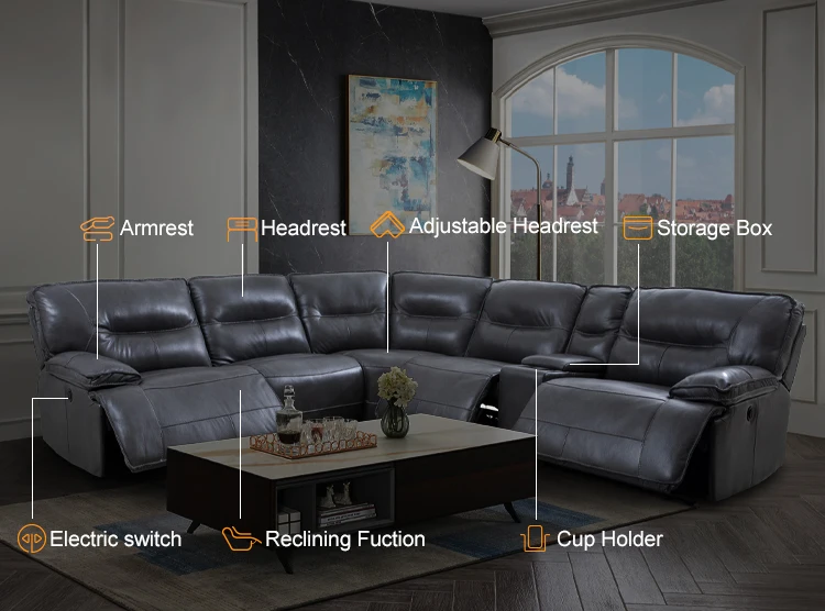 MANWAH CHEERS Real Leather Corner Sofa Modern Black Sectional Reclining Couch Living Room Sofa