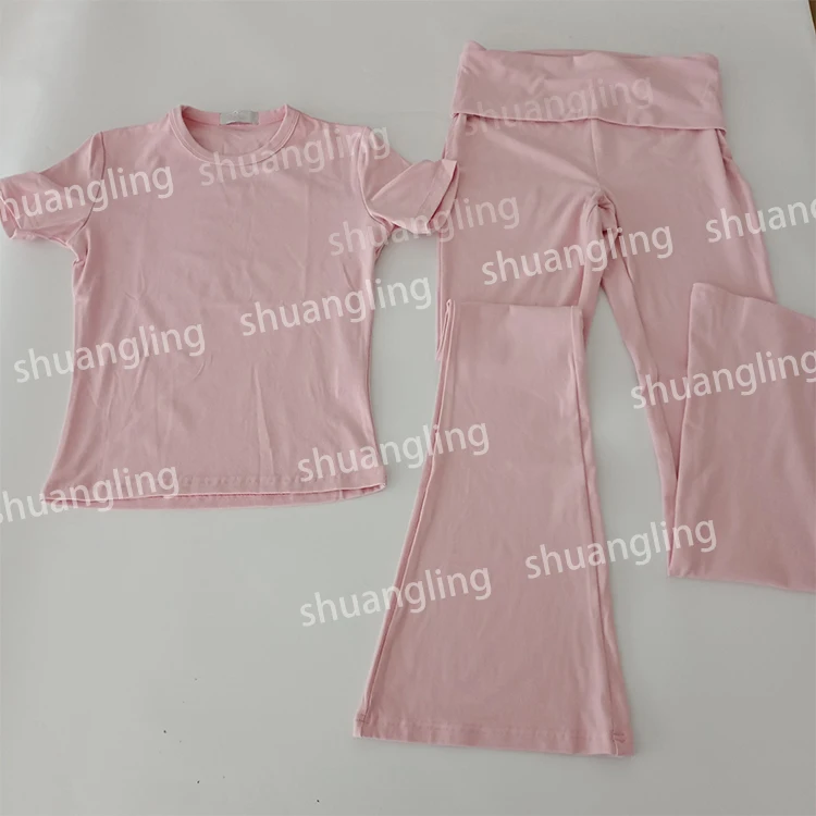 2024 Fold Over Flared Leggings Set Custom LOGO Women Sets High Quality Cotton Shirts Clothing Women Two Pieces Loungewear Sets