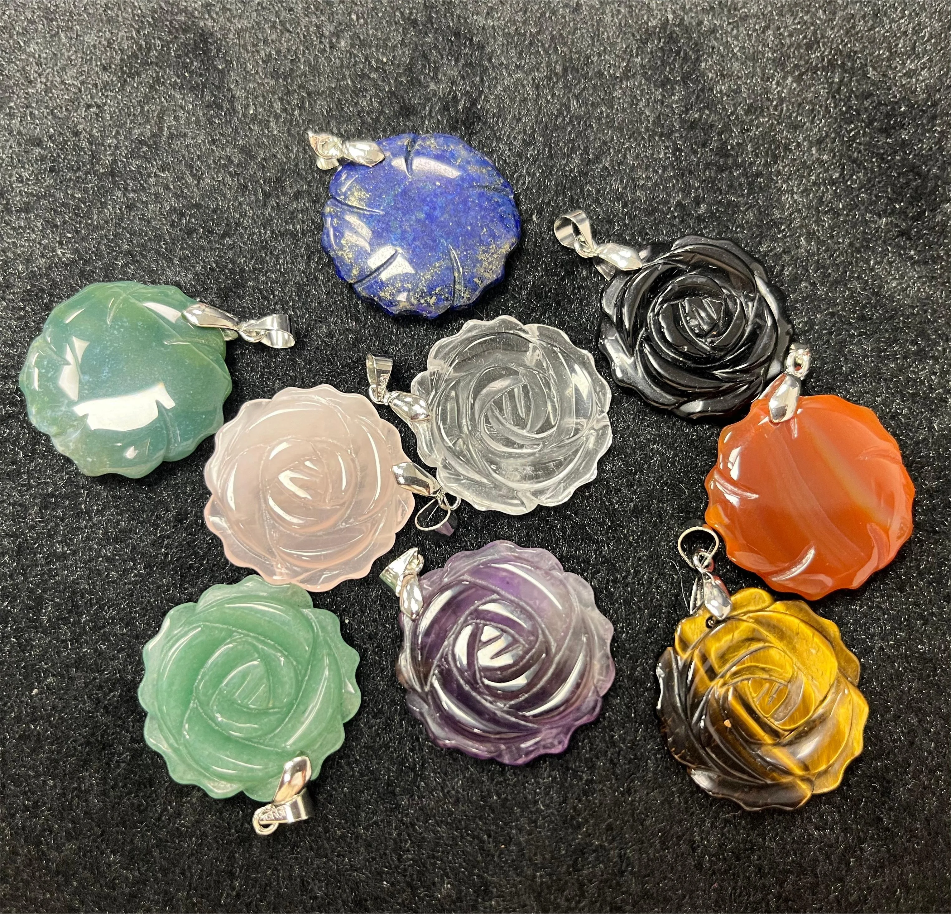 YMJ Vintage 25mm Real Jade Tiger Eye Big Carved Rose Flower-shape Charm Pendant Healing Stone Pendants for Necklace Jewelry Diy