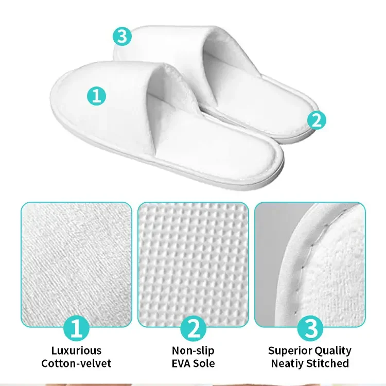 Customized colors guest slippers wholesale white cotton bulk eco friendly luxury disposable hotel slippers for women with logo