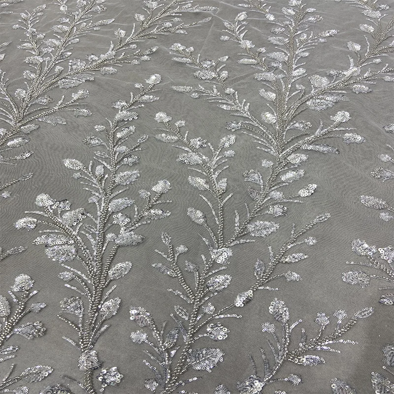 Classic soft wedding dress branch pattern Embroidered Beaded mesh glittering crystal sequins lace fabric