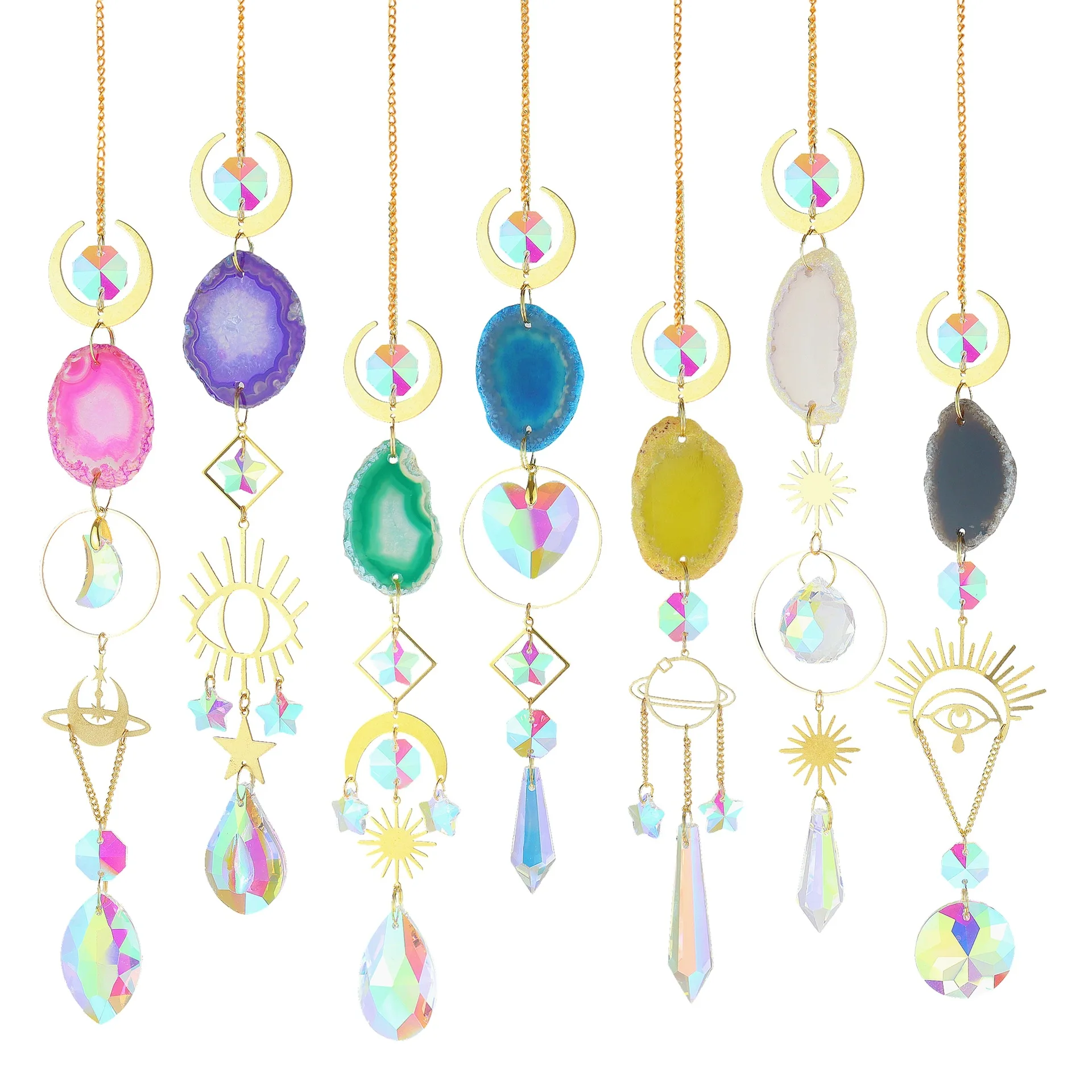 Suncatcher Hanging Crystal Ball with Agate Slices Wind Chimes Ornaments Decor for Window Home Garden
