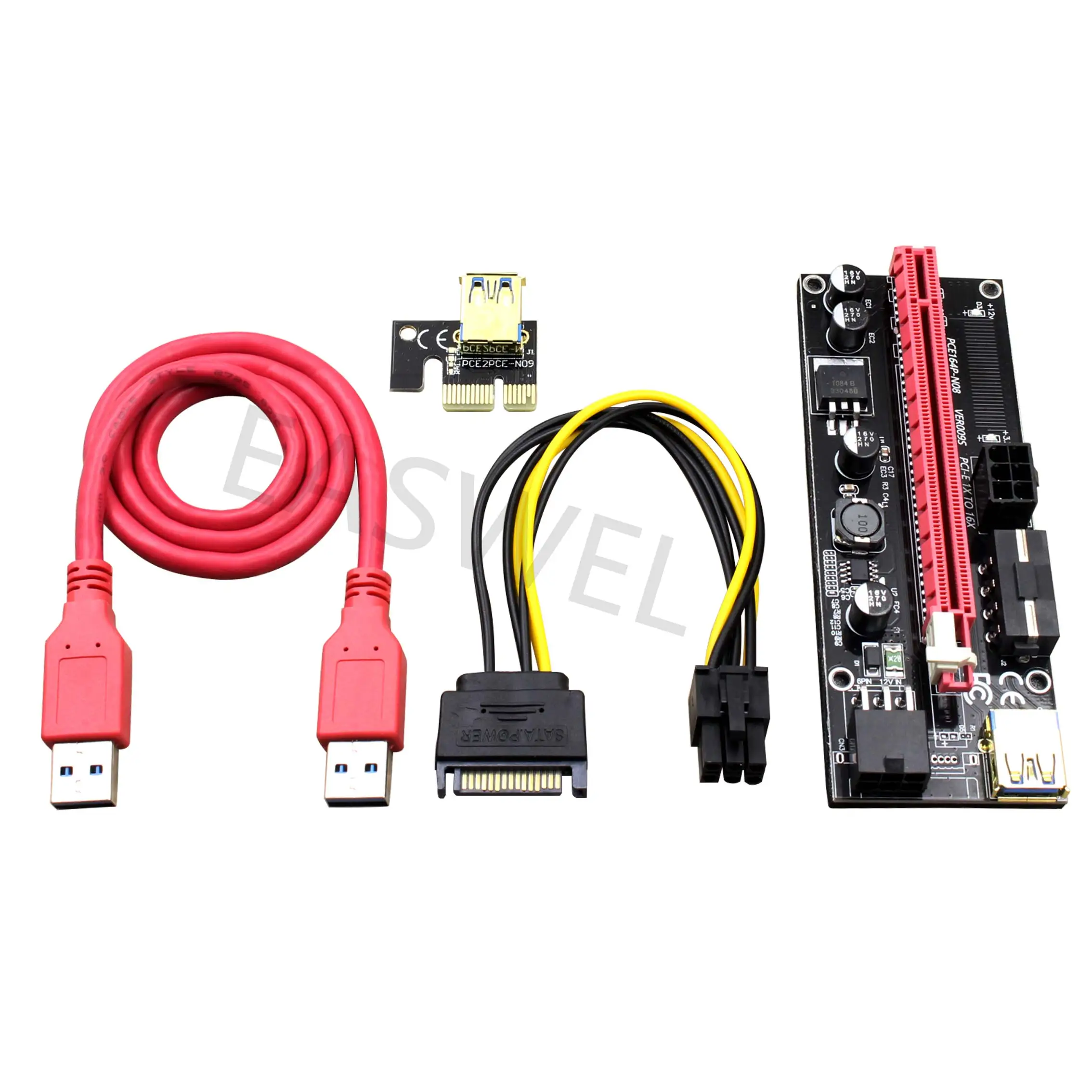 New PCI-E Riser Card 1X to 16X 4Pin 6Pin SATA Power USB 3.0 Cable