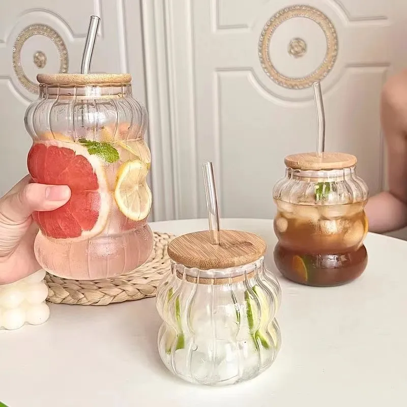 Bamboo wood cover hole glass cup high temperature resistant iced latte coffee juice cold drink cup large capacity straw cup