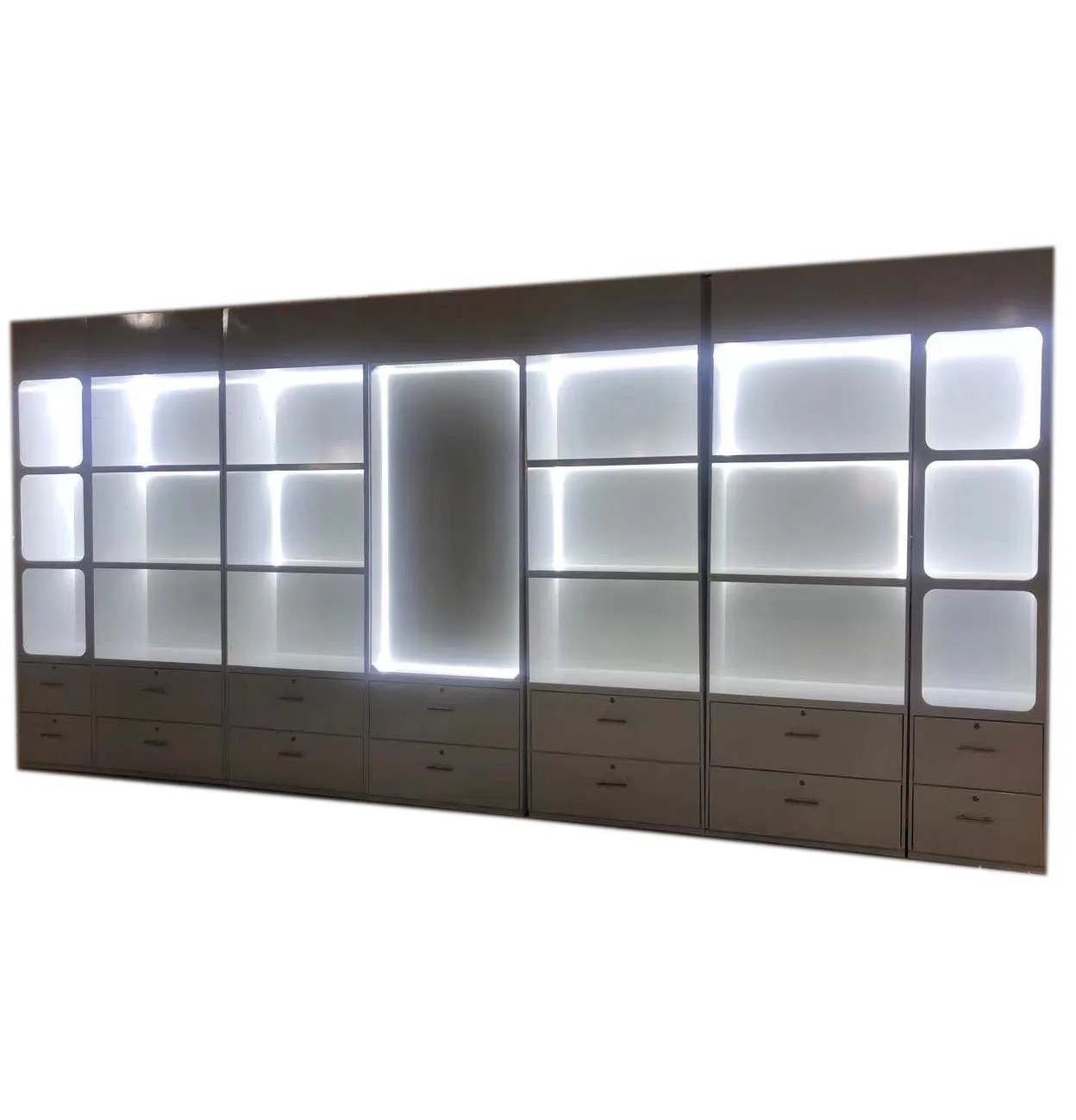 Новинка 2021 светодиодная огромная Полированная полка для супермаркета витрина современная из МДФ под заказ розничного