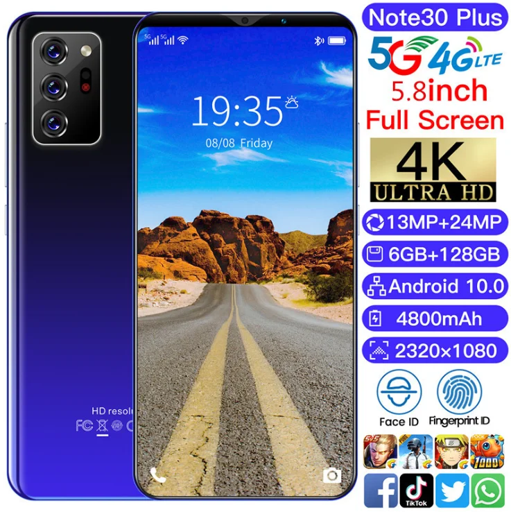 Новая четырехъядерная камера note30Plus + с большим экраном 5,8 дюйма, память 6 ГБ + 128 ГБ, разблокировка вашего смартфона Android с помощью отпечатка пальца