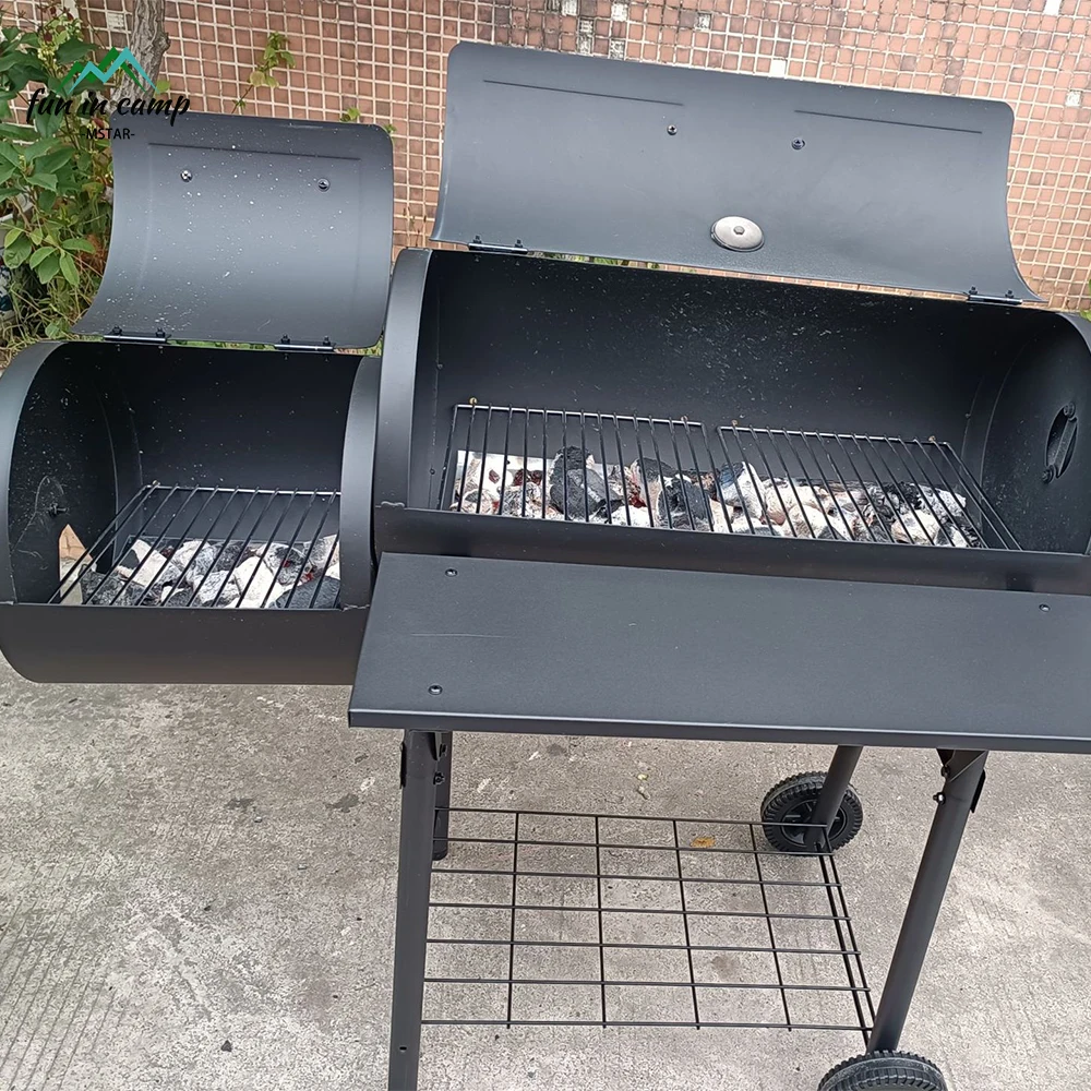 Garden Heavy Duty Barrel Offset Smoker Trolley Oil Drum Bbq Charcoal Grill Outdoor
