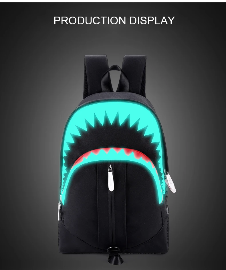 Polyester USB Charging Waterproof Luminous Bag School Back Pack Boys Shark Mouth Reflective Stylish Laptop Backpack