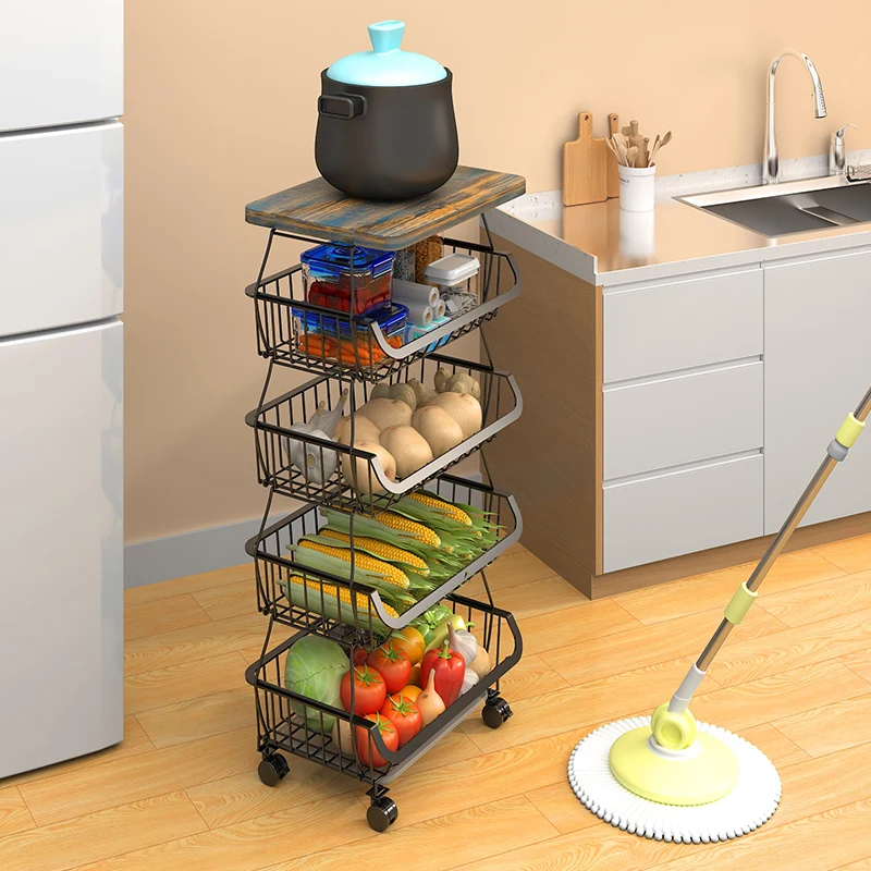 Home Mobile Vegetable Fruit Food Storage Basket Rack Kitchen Cart Trolley with Wheels