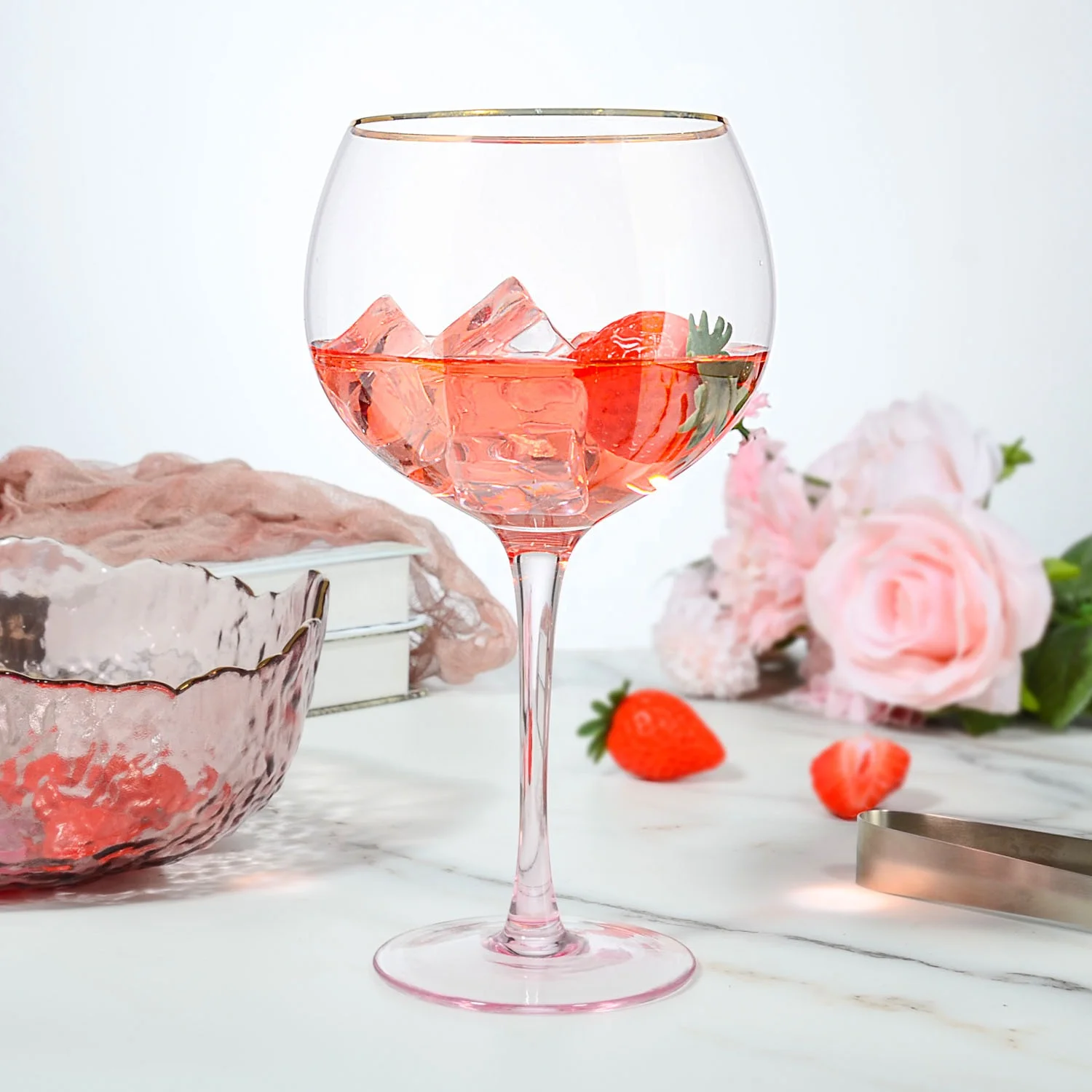 Samyo luxury bar crystal pink colored  Balloon gin glass red wine gobelt glasses with gold rim