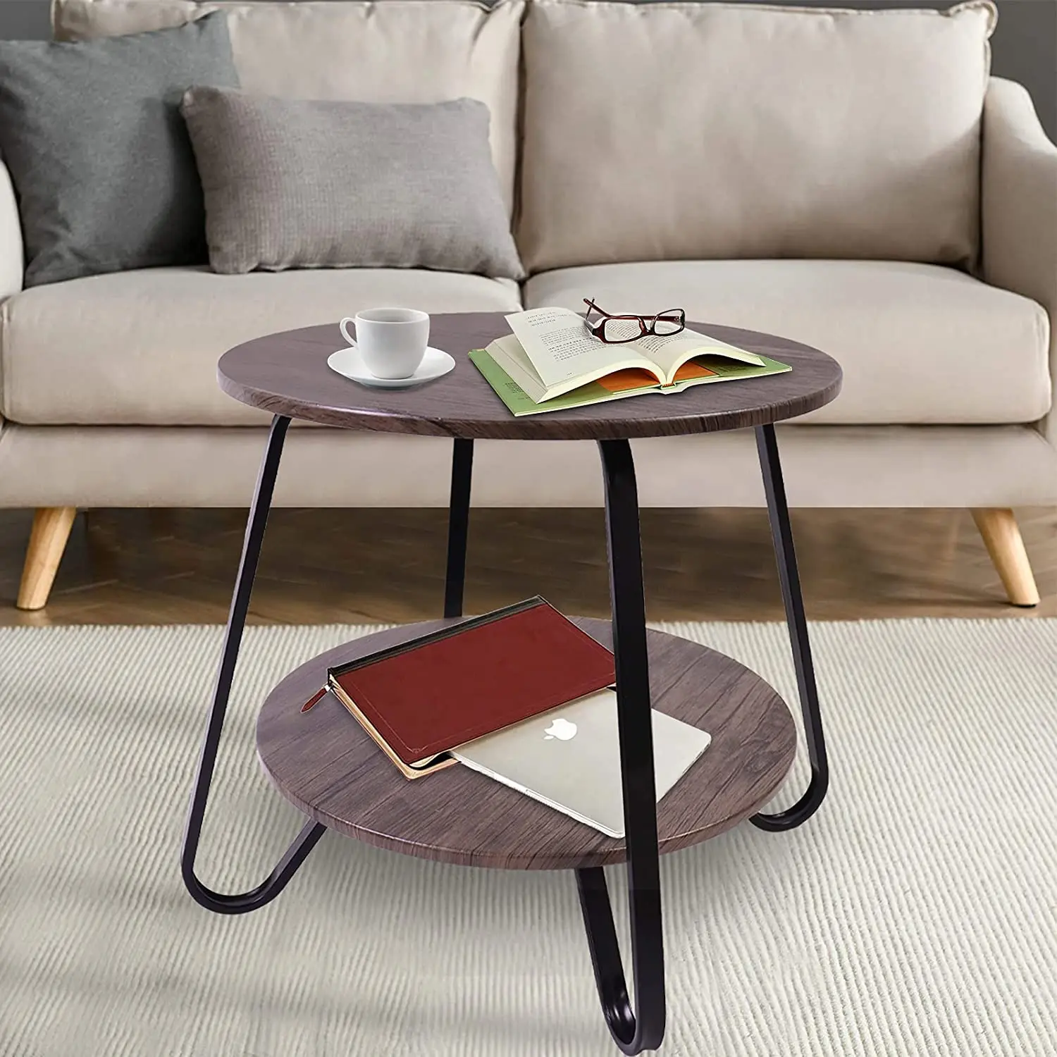 Small Round Coffee Table 2 Tiers Side  Rack Wood Table  for Living Room/Bed Room/Kitchen Room, Metal Frame Brown 18inches