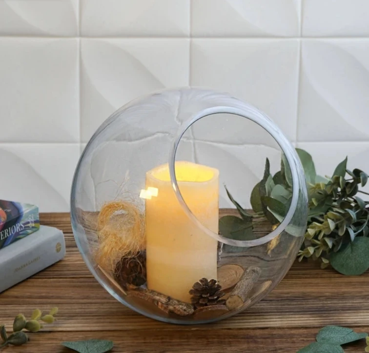 Customized Slant Cut Round Clear Sphere Vase Hobnail Glass Bubble Vase Table Top Candle Holder