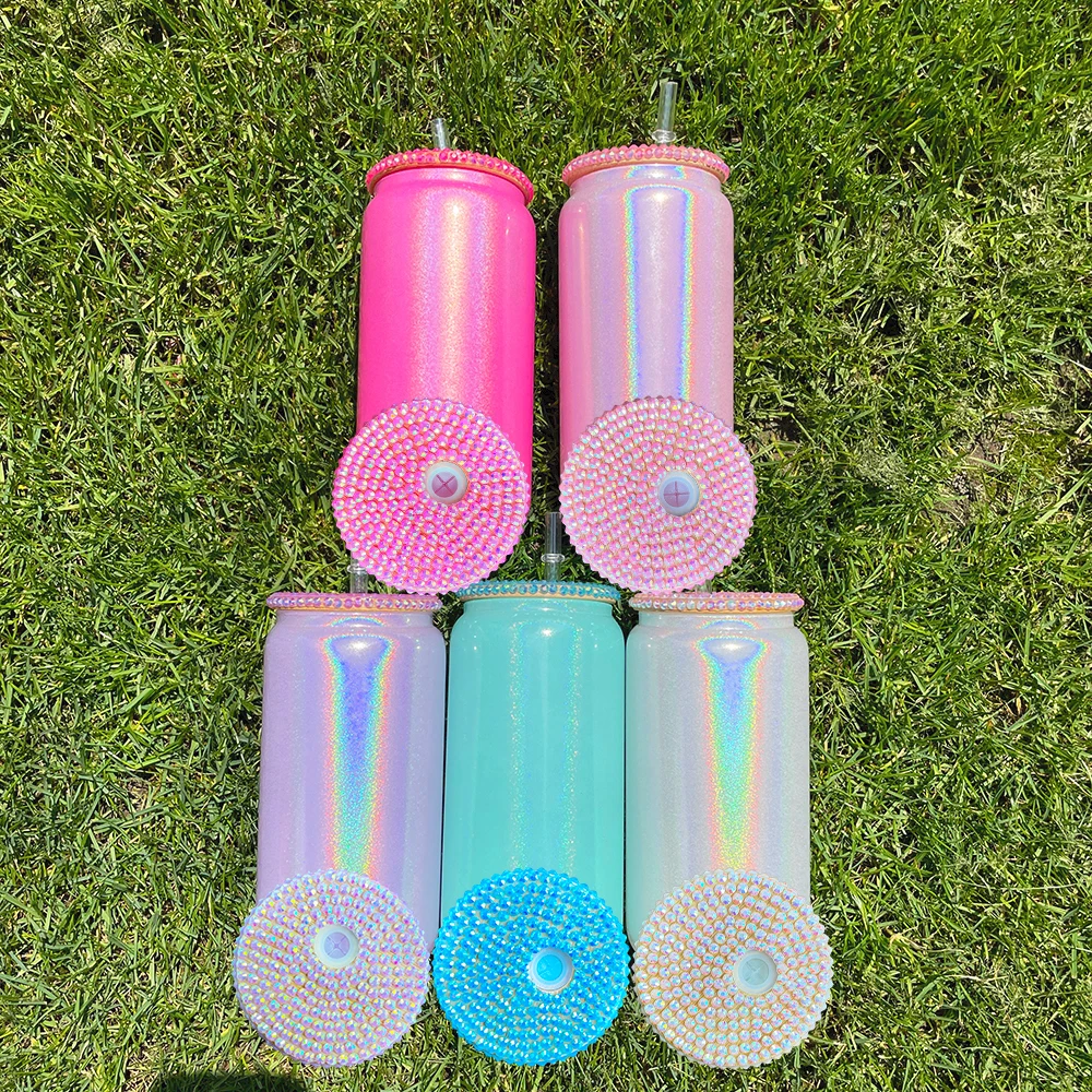 Reusable rhinestone bling pp lid for 16oz glass can Super Sparkly Bling Plastic Covers for 20oz Beer Glass Can