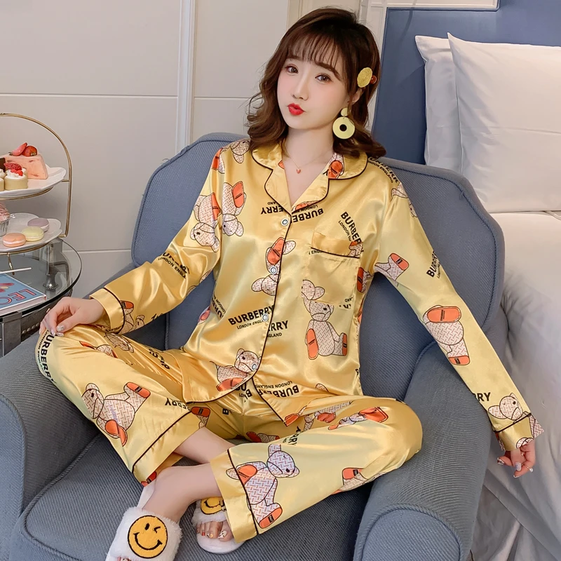 
Spring and autumn pajamas ladies cardigan simulation silk home service suit Oversized pajamas 