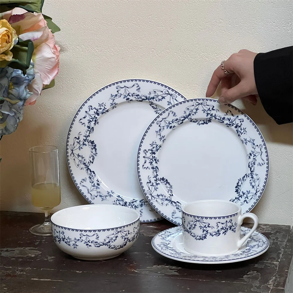 Vintage French Blue Flower Medieval Ceramic Dinnerware Set Porcelain Bowls Dinner Plates Dishes Tea Cups Tableware Sets