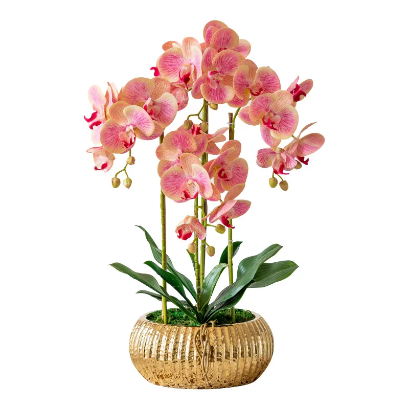 Artificial White Phalaenopsis Orchid Flower Arrangements Faux Orchid Flower in gold Pot Orchid Centerpiece