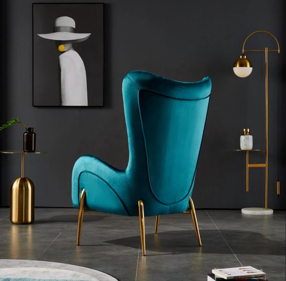 Luxury Hotel Hall Lobby Classic Design Wing Back Armchair Sofa Chairs Velvet Fabric Gold Stainless Steel Tufted Lounge Chair
