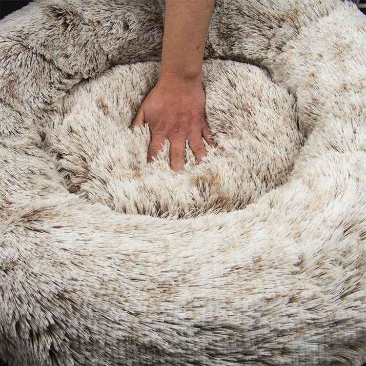 Soft Warm Faux Fur Donut Dog Bed Calming Plush Luxury Fluffy Pet Bed Round Washable with Custom Logo