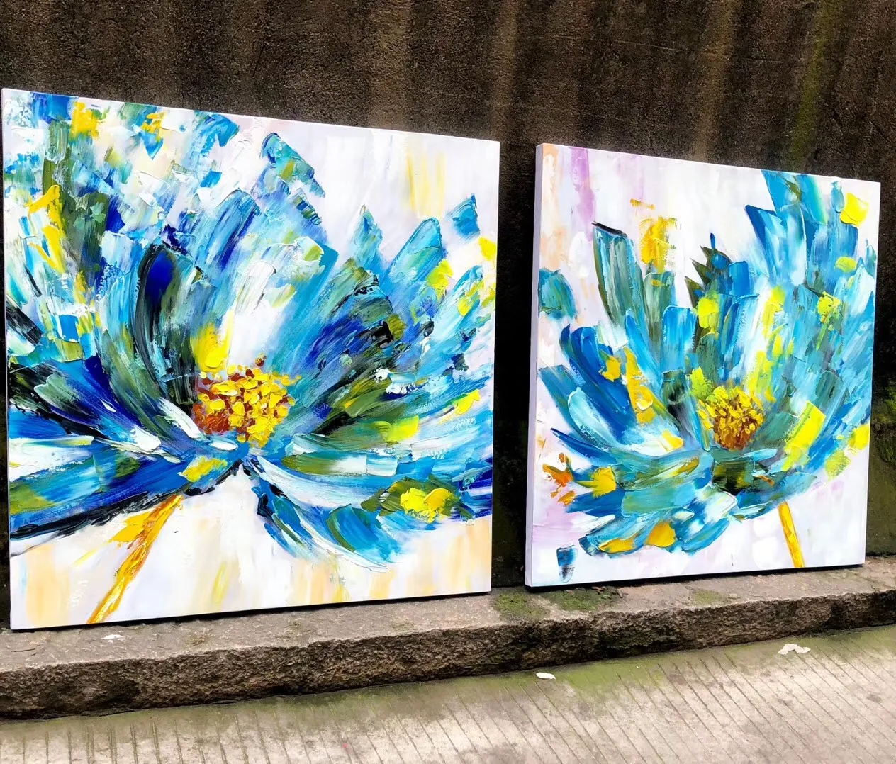 3D Abstract Art Oil Paintings On Canvas Blue Yellow Flower Paintings Hand-Painted Wall Art Paintings Home Decor