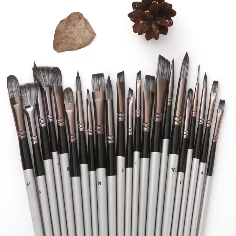 24pcs professional nylon hair wooden handle watercolor gouache oil painting brush pen with canvas bag