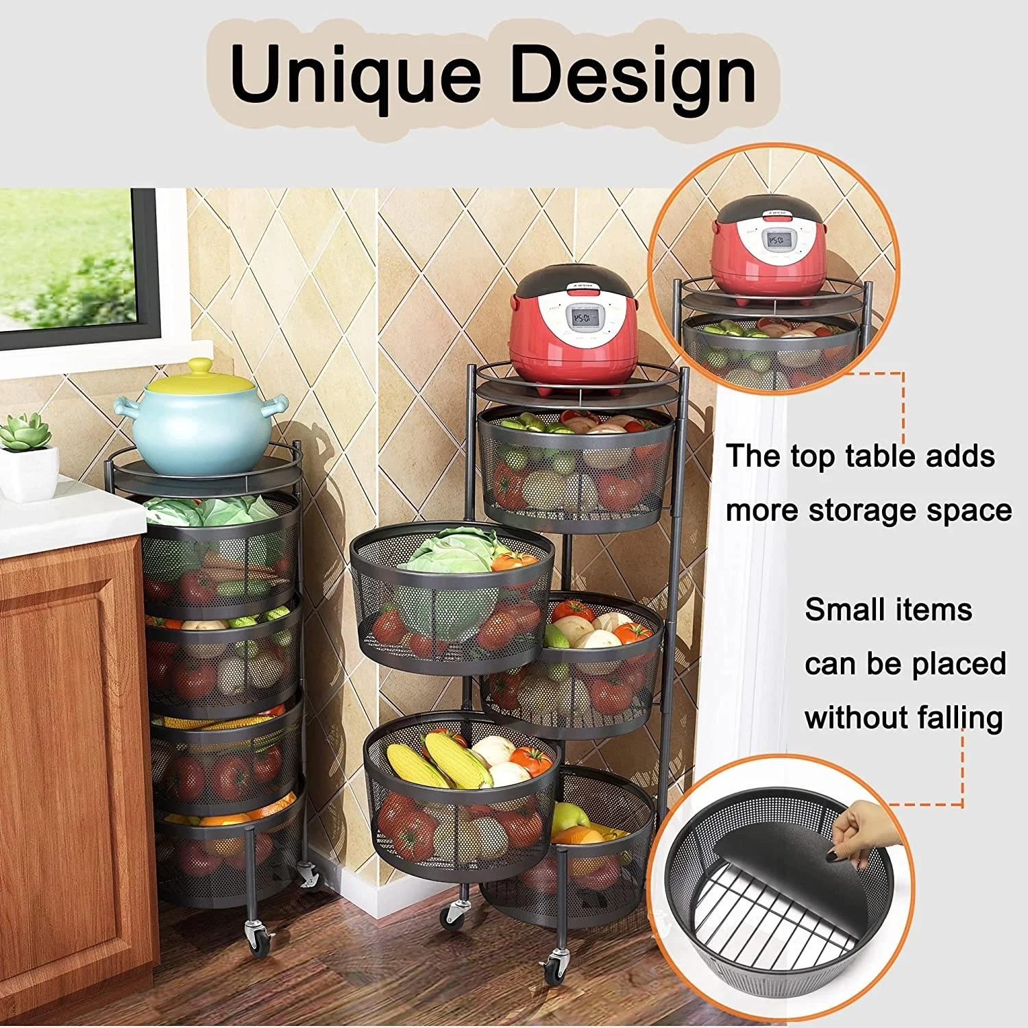 4 Tires Kitchen Storage Rotary Rack Trolley Cart Rotating Round drawer Vegetables Fruits Storage Shelf