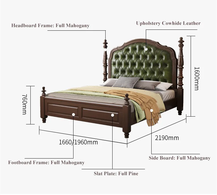Bedroom American Countryside Solid Wood Bed Storage Leather Upholstered Beds Retro Style Double Bed with Nighstand