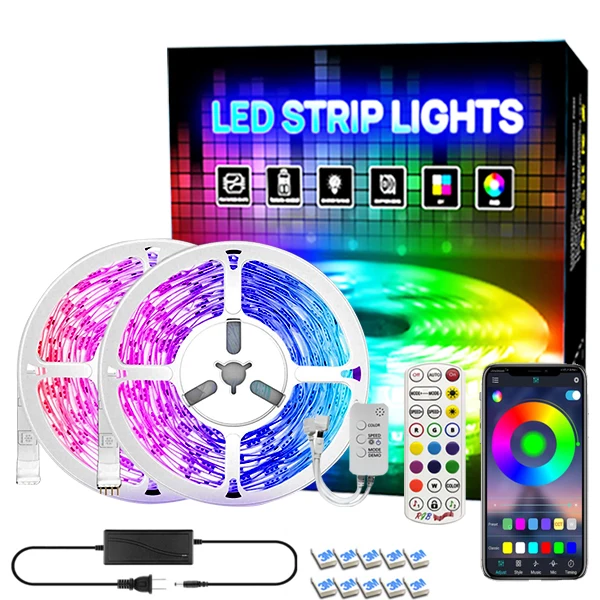 
5050 LED Light Strip Kit Blueteeth& IR Controller 24#3key Remote Remote IP20 Non- Waterproof 6.4ft 3-Way led light strip music 