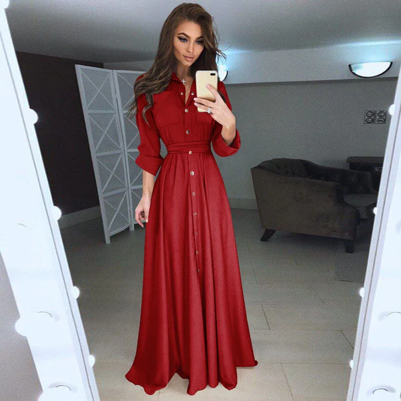 Wish Plus Size Women Slim Button Dress Shirt Long Sleeve Maxi Shirts Dress