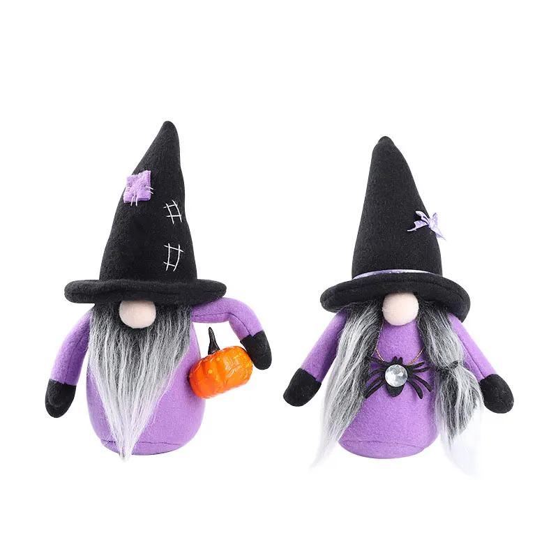 
100pcs/ctn Halloween Plush Witch Doll Purple Couple Swedish Nordic Tomte Gnome Figurine With Pumpkin in hand Decoration 