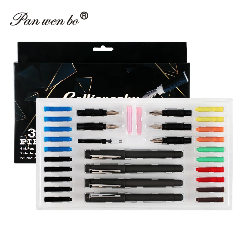 Panwenbo Gift Calligraphy Pen Set 35 Pieces 4 Pens 5 Nibs 22ink Cartridges 1ink Pump 1 Instruction Booklet 1practice Paper