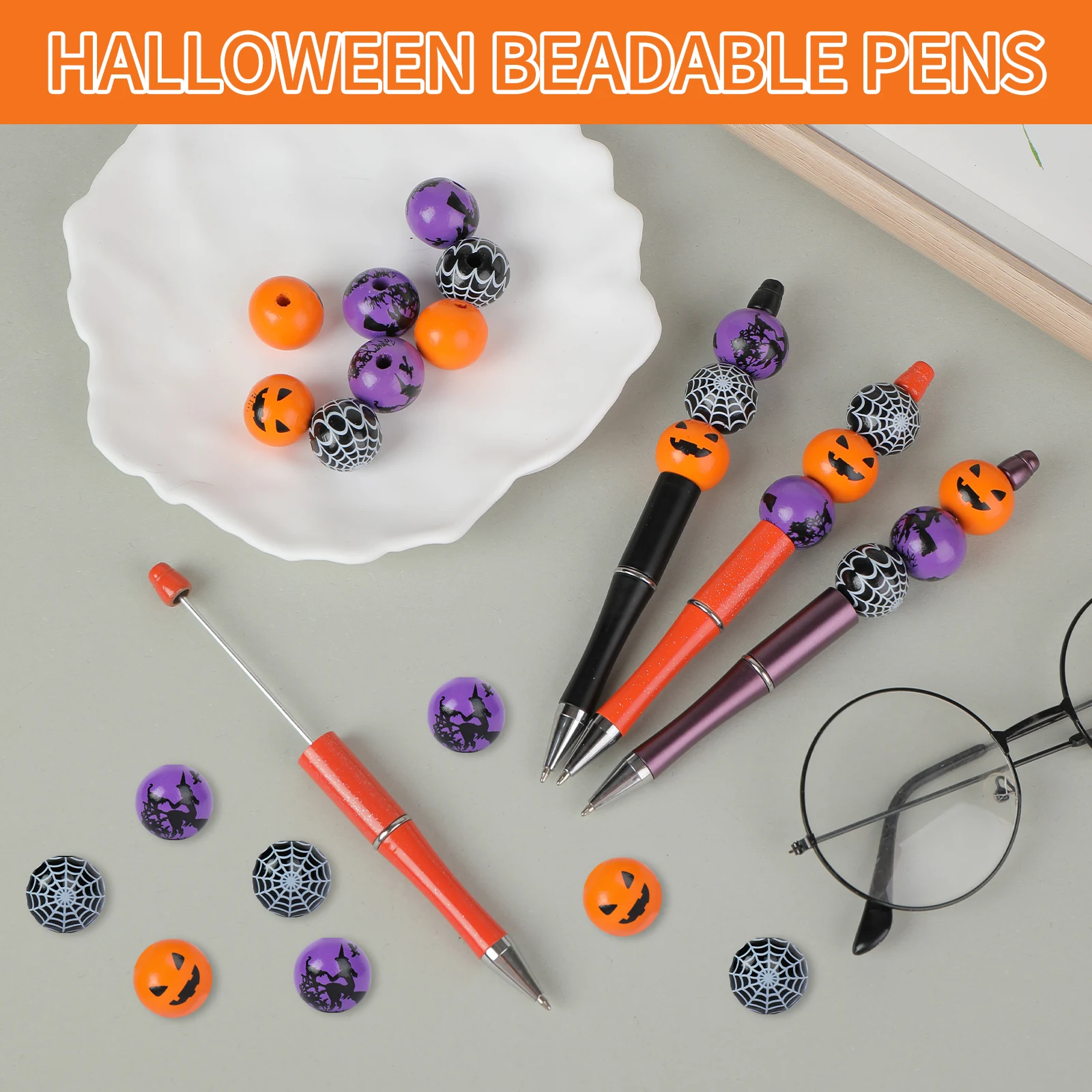 DIY Pumpkin Spider Kawaii Halloween Beadable Pens For Halloween Gifts School Office Supplies Plastic Bead Pens
