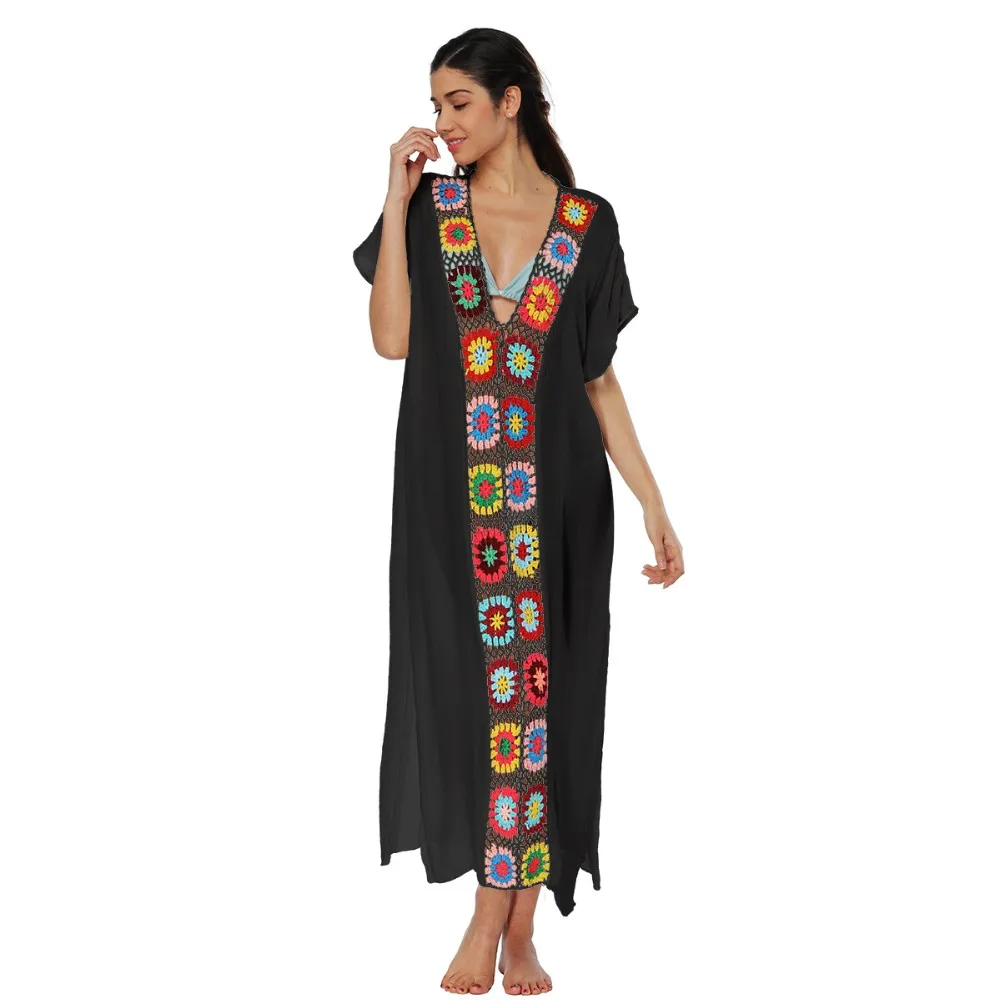 Wholesale Summer Granny Square Crochet Beach Maxi Long Dress Coverups Women Vestido Bohemio De Playa