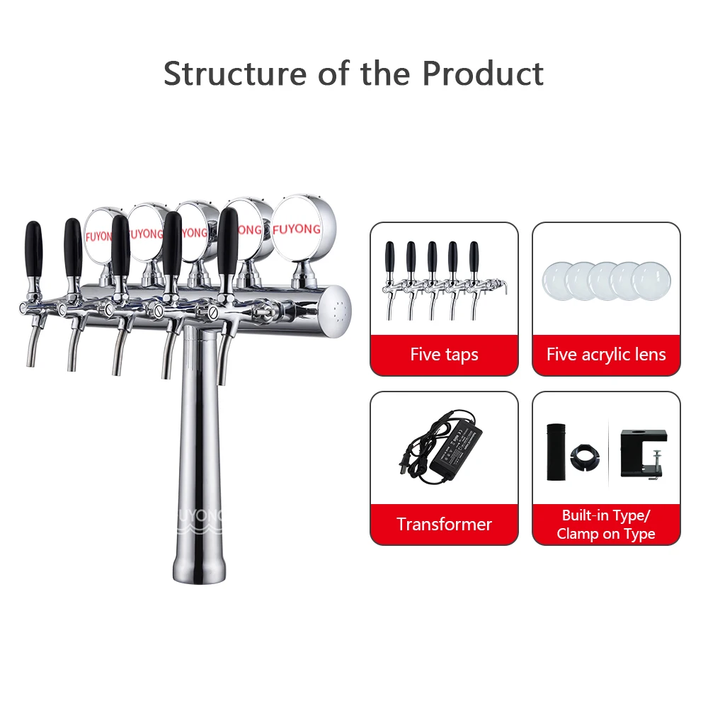 Top Quality T Type 5 Taps SS304 Beer Tower Draft Beer Font Dispenser Flow for Kegerator Bar Home