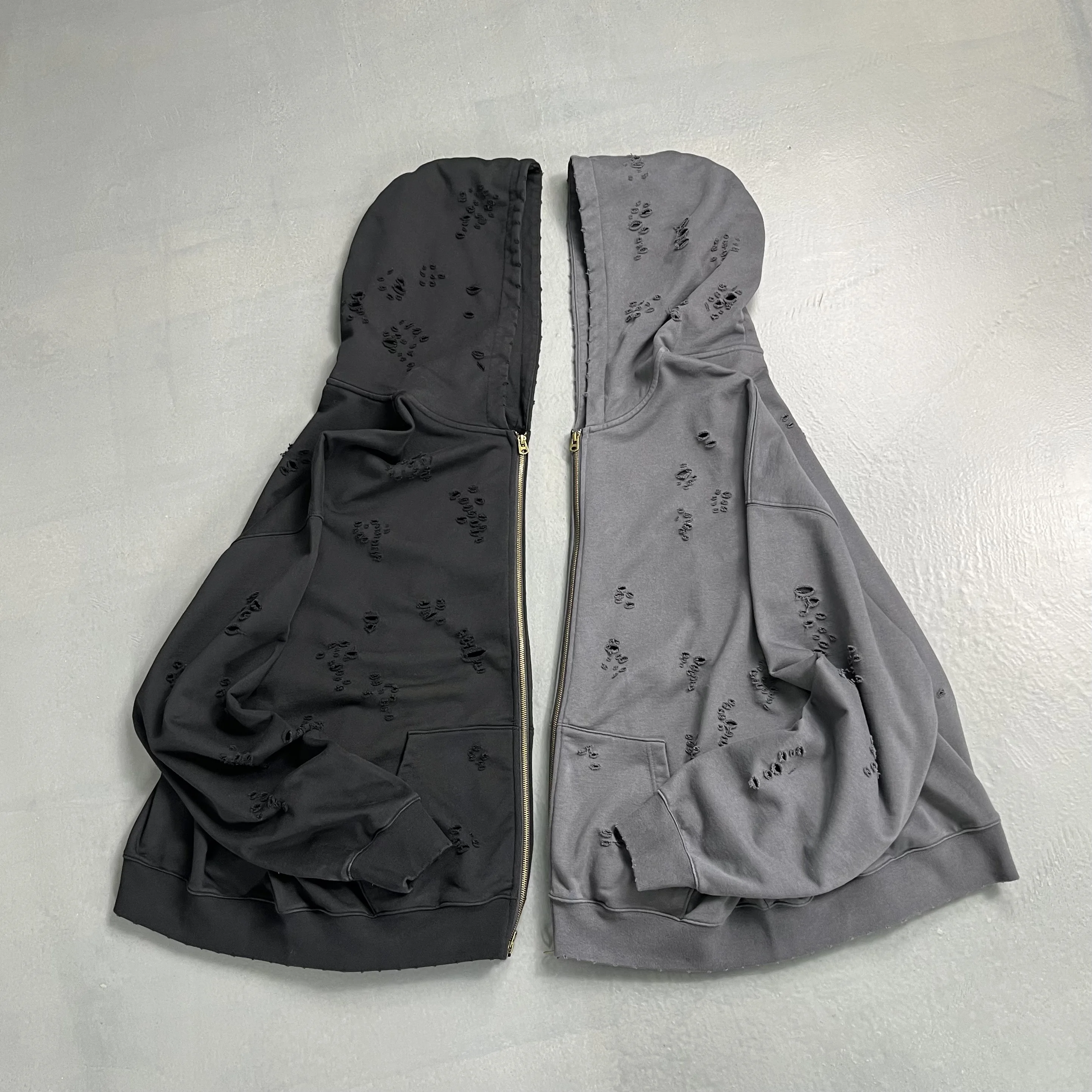 Custom streetwear vendors high quality zip hoodie distressed design cotton heavyweight hoodie streetwear clothing manufacturer